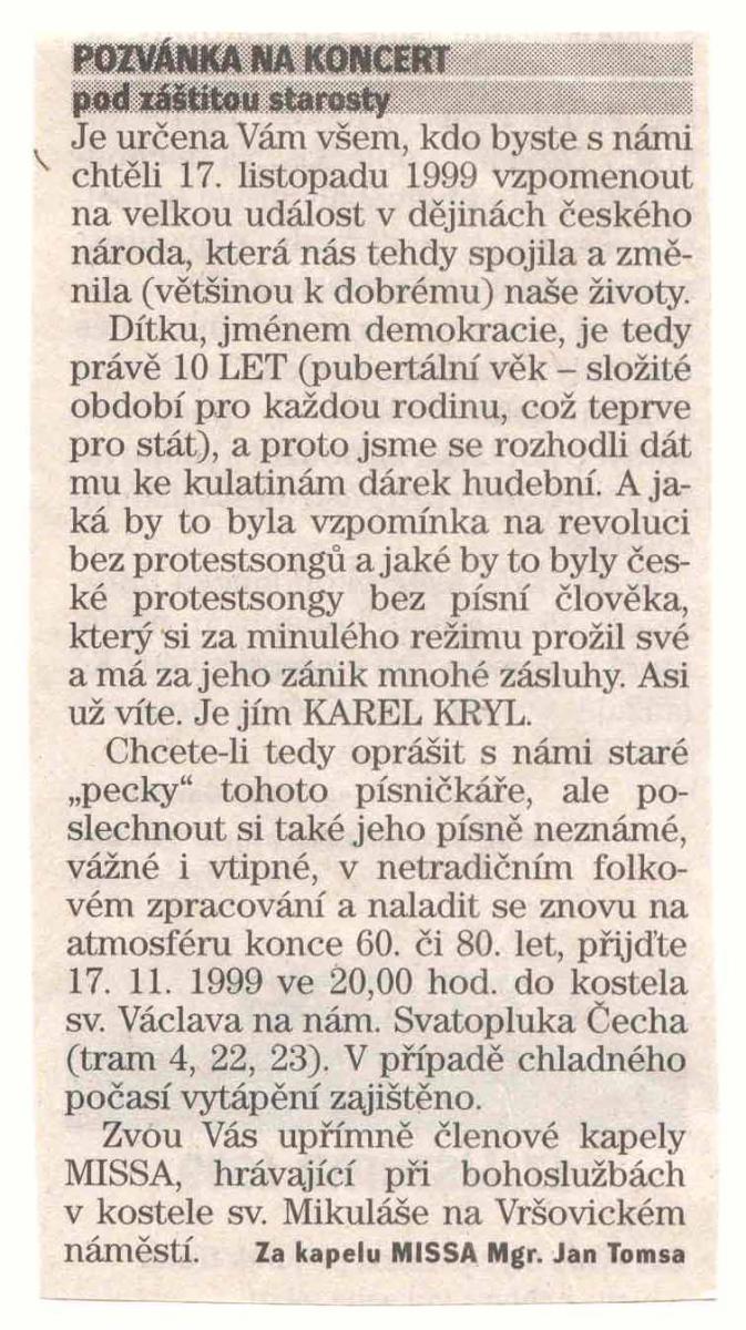Pozvánka na koncert ve Vršovicích 1999